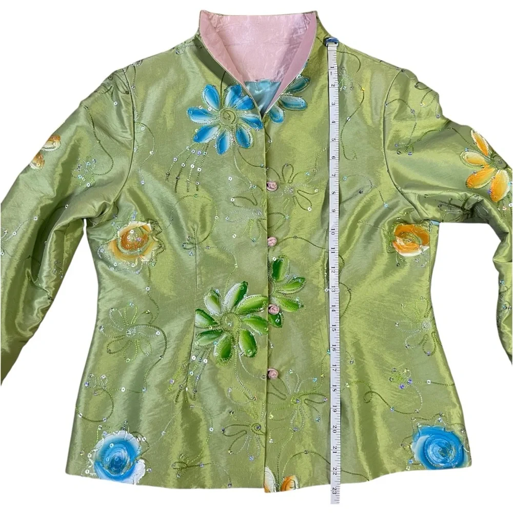 Art to wear Embroidered Floral Satin Jacket Beaded Mandarin Collar Pastel Green‎